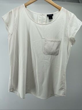 Ann Taylor Cream Short-Sleeve Scoop Neck Pocket Blouse